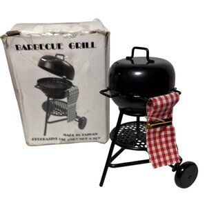 Miniature Black Charcoal Grill Decorative Red Gingham Towel Doll Furniture 3"